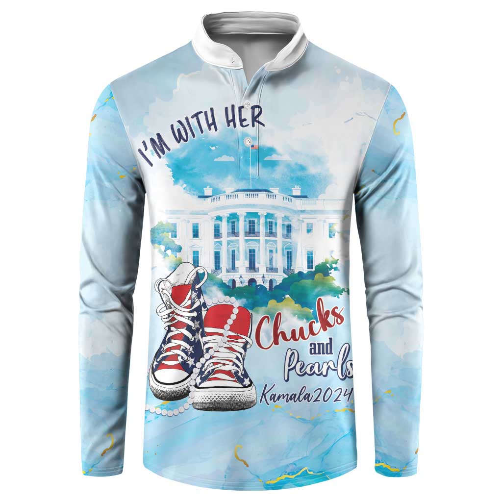 Light blue button sweatshirt with 'I'm With Her' graphic and red Converse-style shoes