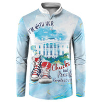 Light blue button sweatshirt with 'I'm With Her' graphic and red Converse-style shoes