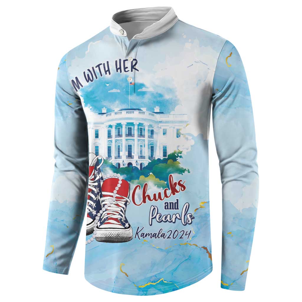 Light blue button sweatshirt with 'I'm With Her' text and red shoe graphic
