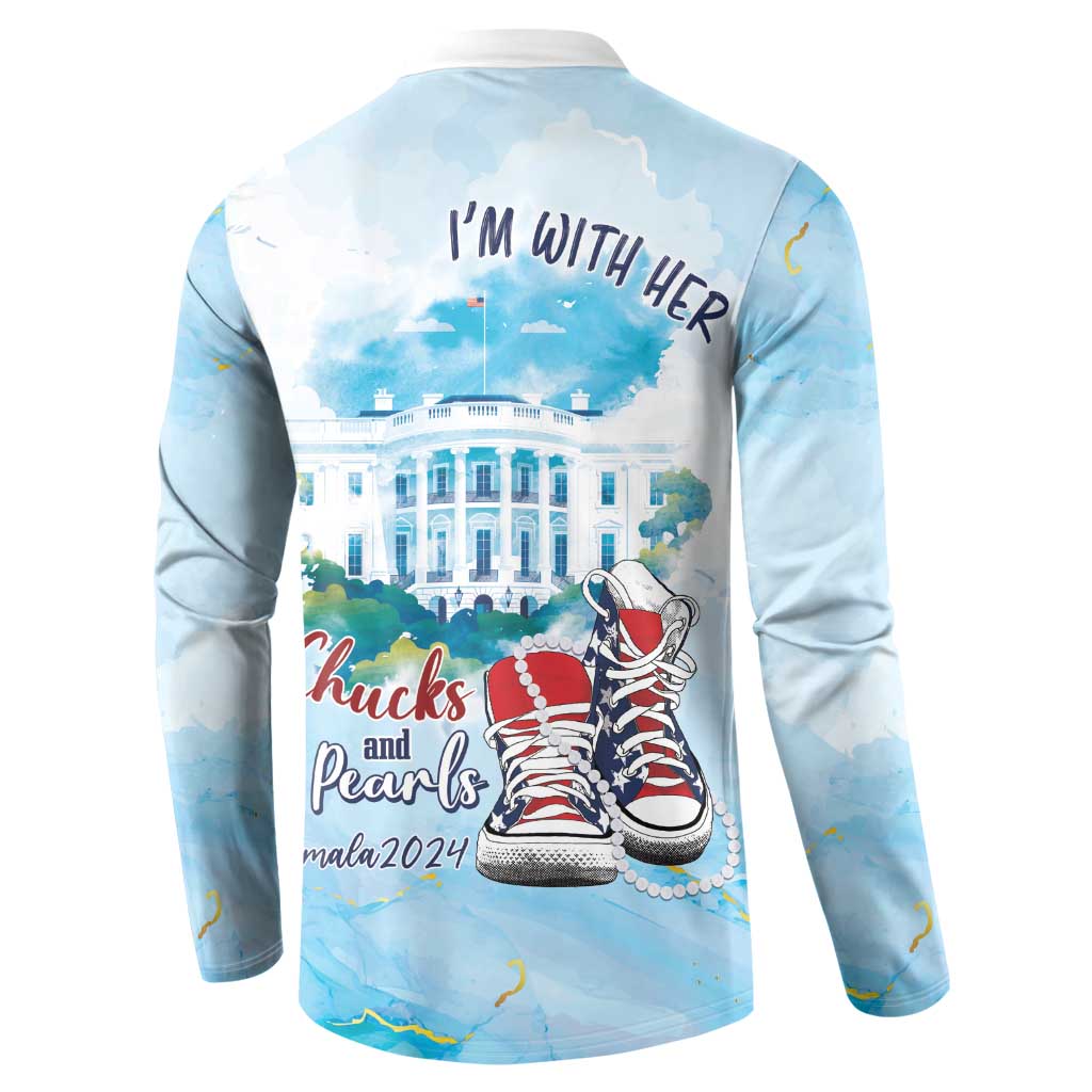 Light blue button sweatshirt with back 'I'm With Her' text and red shoe graphic