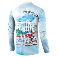 Light blue button sweatshirt with back 'I'm With Her' text and red shoe graphic