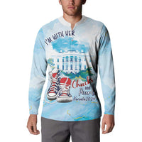 Light blue button sweatshirt on model with 'I'm With Her' and red shoe graphic