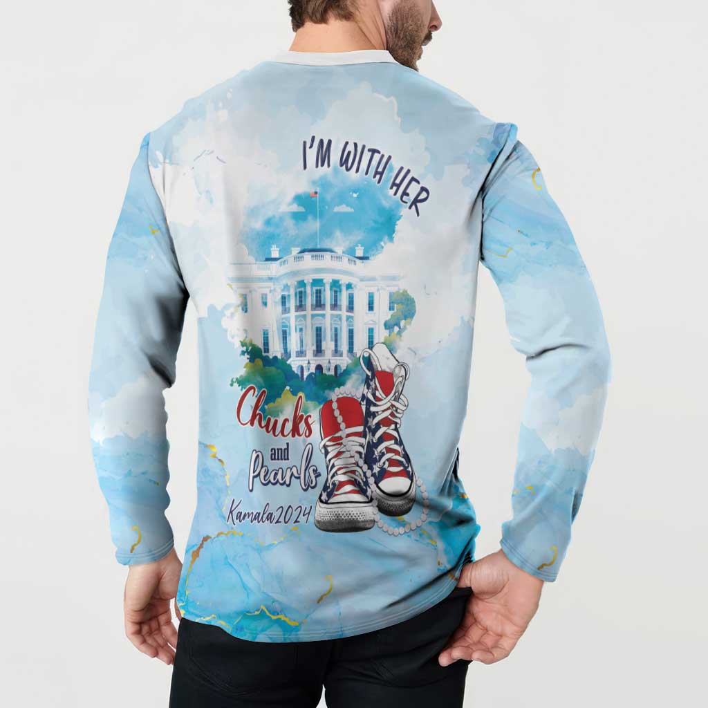Light blue button sweatshirt on model, back 'I'm With Her' text with red shoe graphic