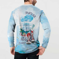 Light blue button sweatshirt on model, back 'I'm With Her' text with red shoe graphic