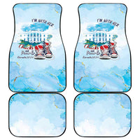 Pair of car floor mats, blue watercolor map with 'I'm With Her' and Chucks design