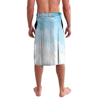 Light blue and gray graphic wrap skirt with pleated front panel