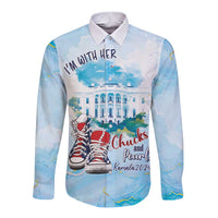 Light blue long-sleeve button shirt, collared neck, 'I'm with her' graphic