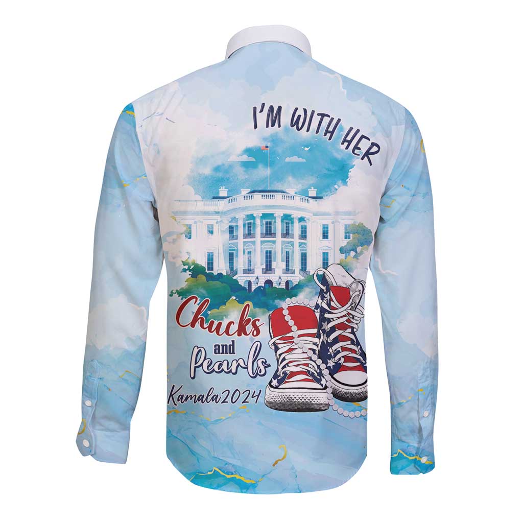 Back view: light blue long-sleeve button shirt with 'I'm with her' print and building graphic