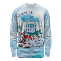 Light blue long-sleeve graphic T-shirt with sneakers and 'I'm With Her' text