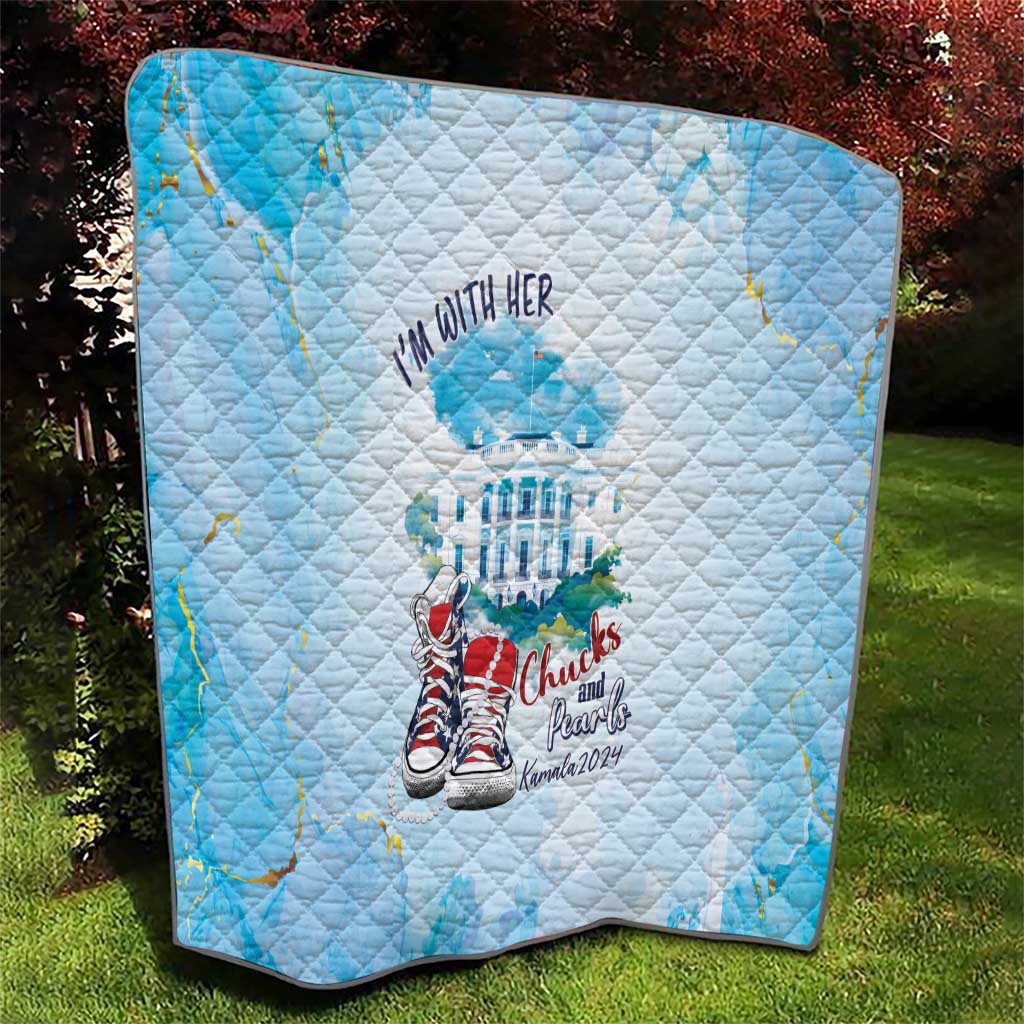 Light blue and white quilt with diamond quilting, centered sneaker and “Chucks and Pearls” text