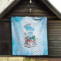Light blue quilt hung on wall, diamond quilting with “I’m With Her” and sneaker graphic