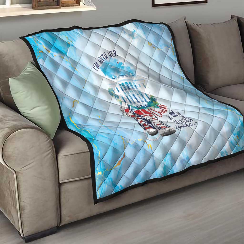 Light blue quilt with diamond stitching, sneaker graphic, “I’m With Her” and “Chucks and Pearls”