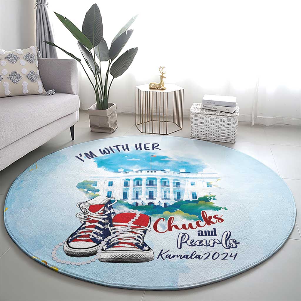 Round blue carpet rug with white border, “I’m with her” and Chucks and Pearls graphic