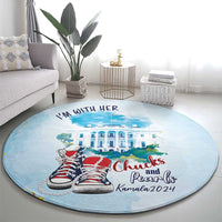 Round blue carpet rug with white border, “I’m with her” and Chucks and Pearls graphic