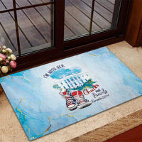 Light blue rubber doormat with 'I'm With Her' sneakers design at entry step