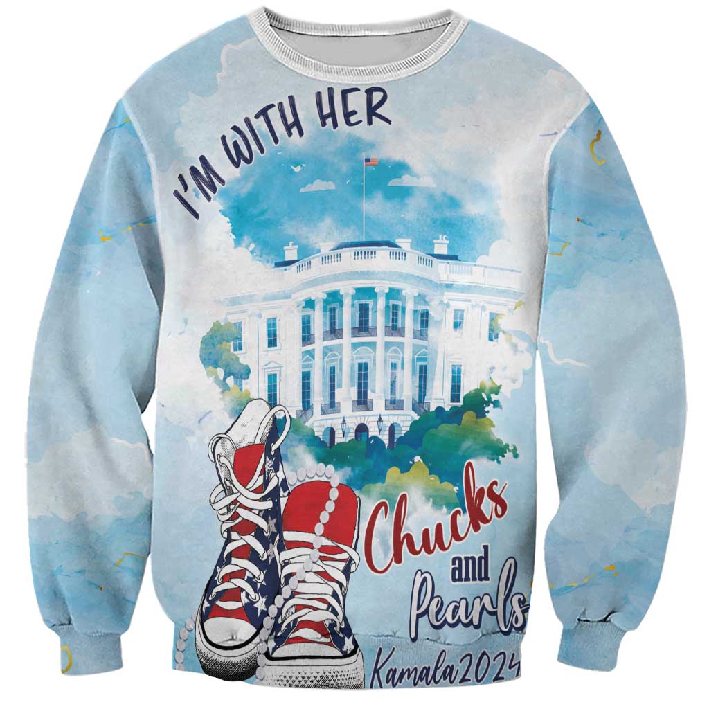 Light blue sweatshirt with "I'm with her" Capitol scene and "Chucks and Pearls" print