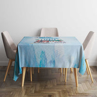 Light blue tablecloth with cityscape graphic and "I'm With Her" text