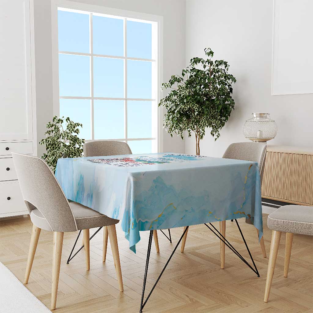Light blue tablecloth featuring "I'm With Her" city and sneaker graphic