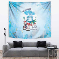 Blue tapestry wall hanging featuring "I'm With Her", White House building and red sneakers