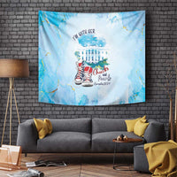 Blue decorative tapestry with "I'm With Her" lettering, White House image and red sneakers