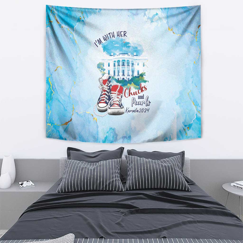 Blue tapestry wall hanging with "I'm With Her" text, White House and red sneaker artwork
