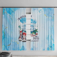 Light blue curtains with city artwork and sneakers, Chucks and Pearls print across panels