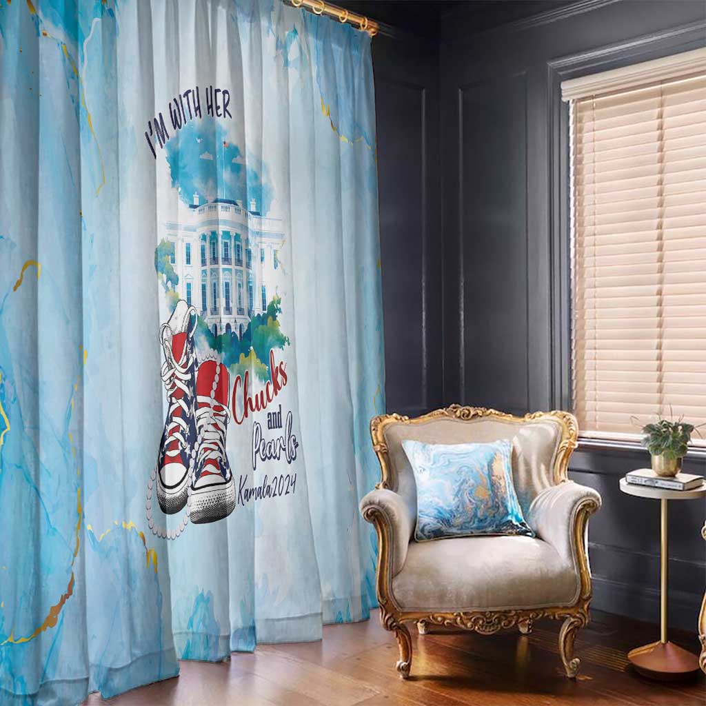 Light blue curtain panel showing sneakers and city scene with Chucks and Pearls branding