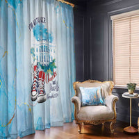 Light blue curtain panel showing sneakers and city scene with Chucks and Pearls branding
