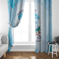 Light blue window curtain with city skyline, sneakers, and Chucks and Pearls print