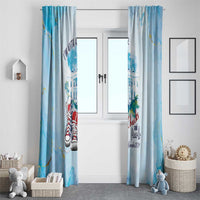 Two light blue curtain panels with city artwork, sneaker graphic, and Chucks and Pearls text