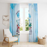Light blue window curtain pair with sneaker-and-city design and Chucks and Pearls lettering