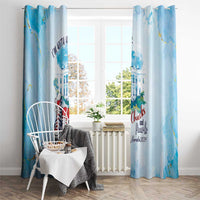 Light blue curtain panels featuring city skyline, sneakers, and Chucks and Pearls logo print