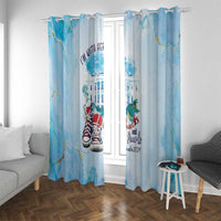 Light blue curtains with city illustration, sneaker graphic, and Chucks and Pearls text on panels