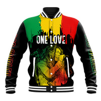 Unisex reggae baseball jacket, black sleeves with One Love front graphic and snap buttons