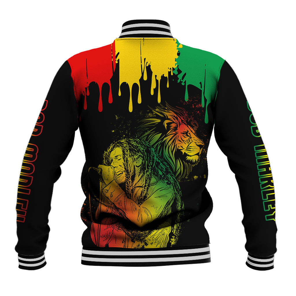 Unisex reggae baseball jacket, striped ribbed collar and back graphic with two men