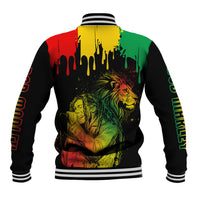 Unisex reggae baseball jacket, striped ribbed collar and back graphic with two men