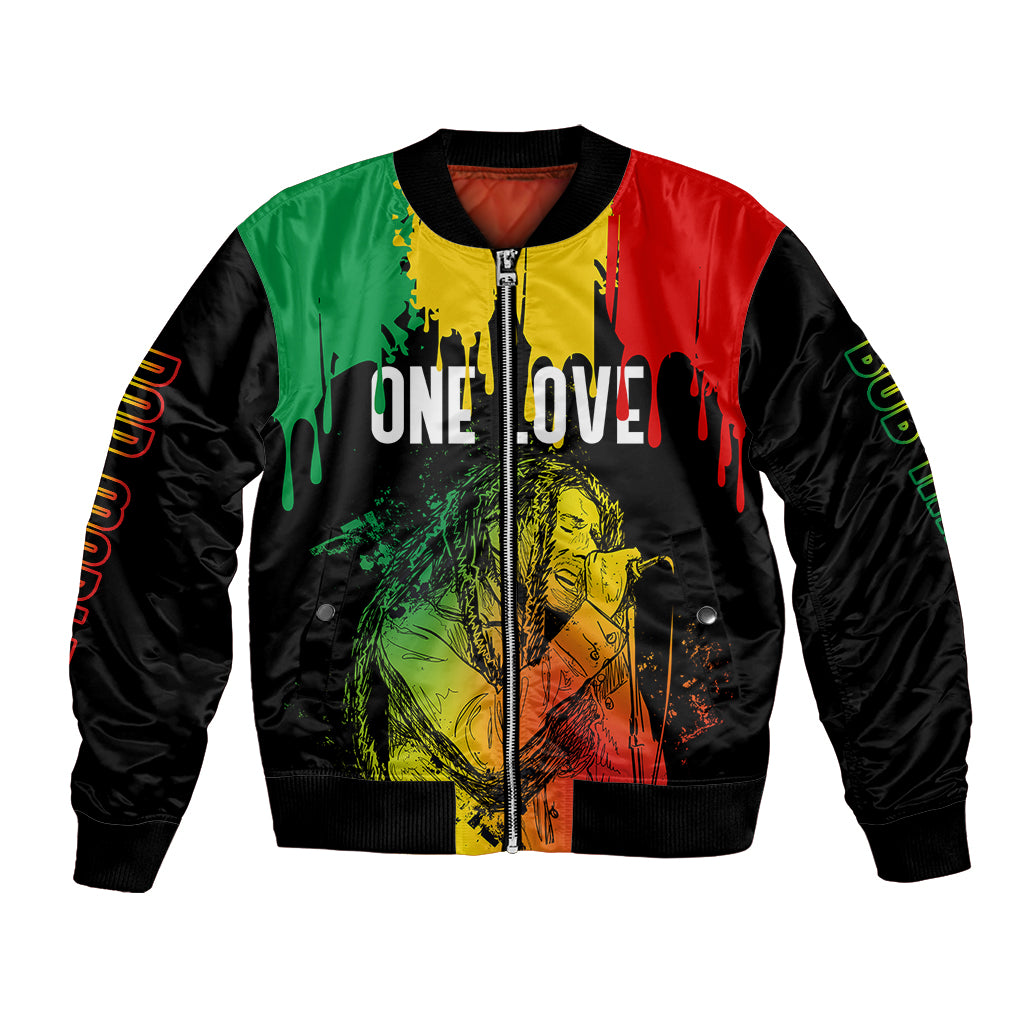Black bomber jacket with front zipper and colorful reggae 'One Love' graphic