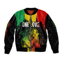 Black bomber jacket with front zipper and colorful reggae 'One Love' graphic