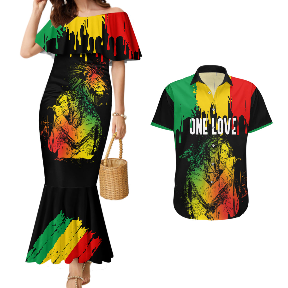 Jamaica Reggae Couples Matching Mermaid Dress and Hawaiian Shirt Legend Bob Sketch Style One Love LT7 - Wonder Print Shop