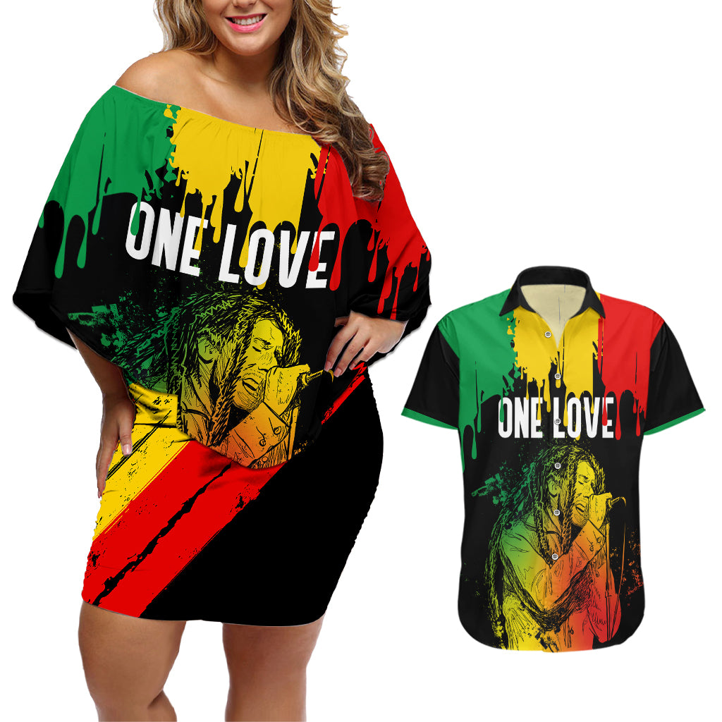 Jamaica Reggae Couples Matching Off Shoulder Short Dress and Hawaiian Shirt Legend Bob Sketch Style One Love LT7 - Wonder Print Shop