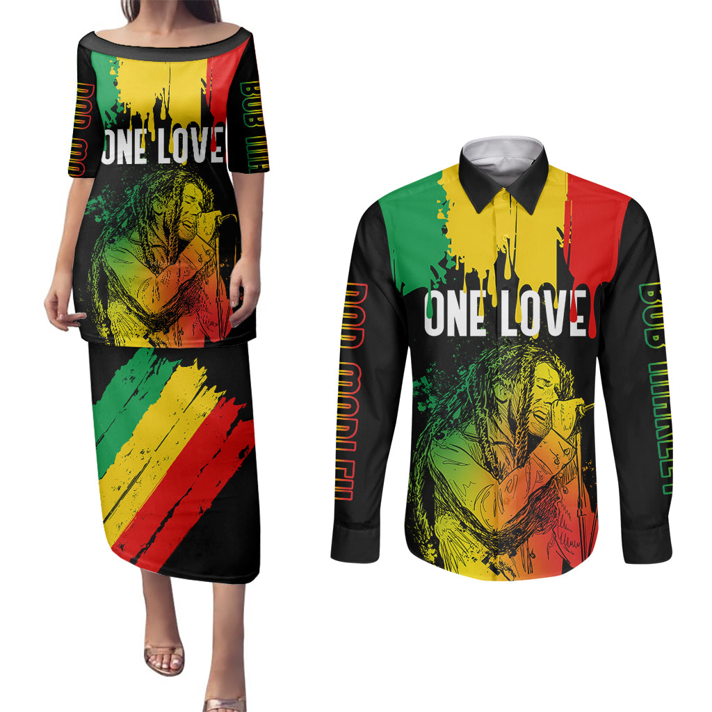 Jamaica Reggae Couples Matching Puletasi Dress and Long Sleeve Button Shirts Legend Bob Sketch Style One Love LT7 - Wonder Print Shop