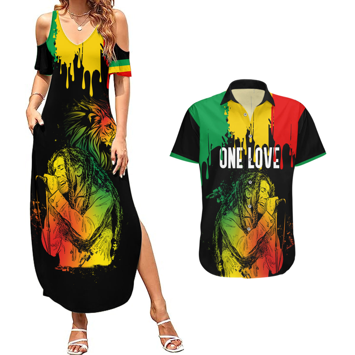 Jamaica Reggae Couples Matching Summer Maxi Dress and Hawaiian Shirt Legend Bob Sketch Style One Love LT7 - Wonder Print Shop