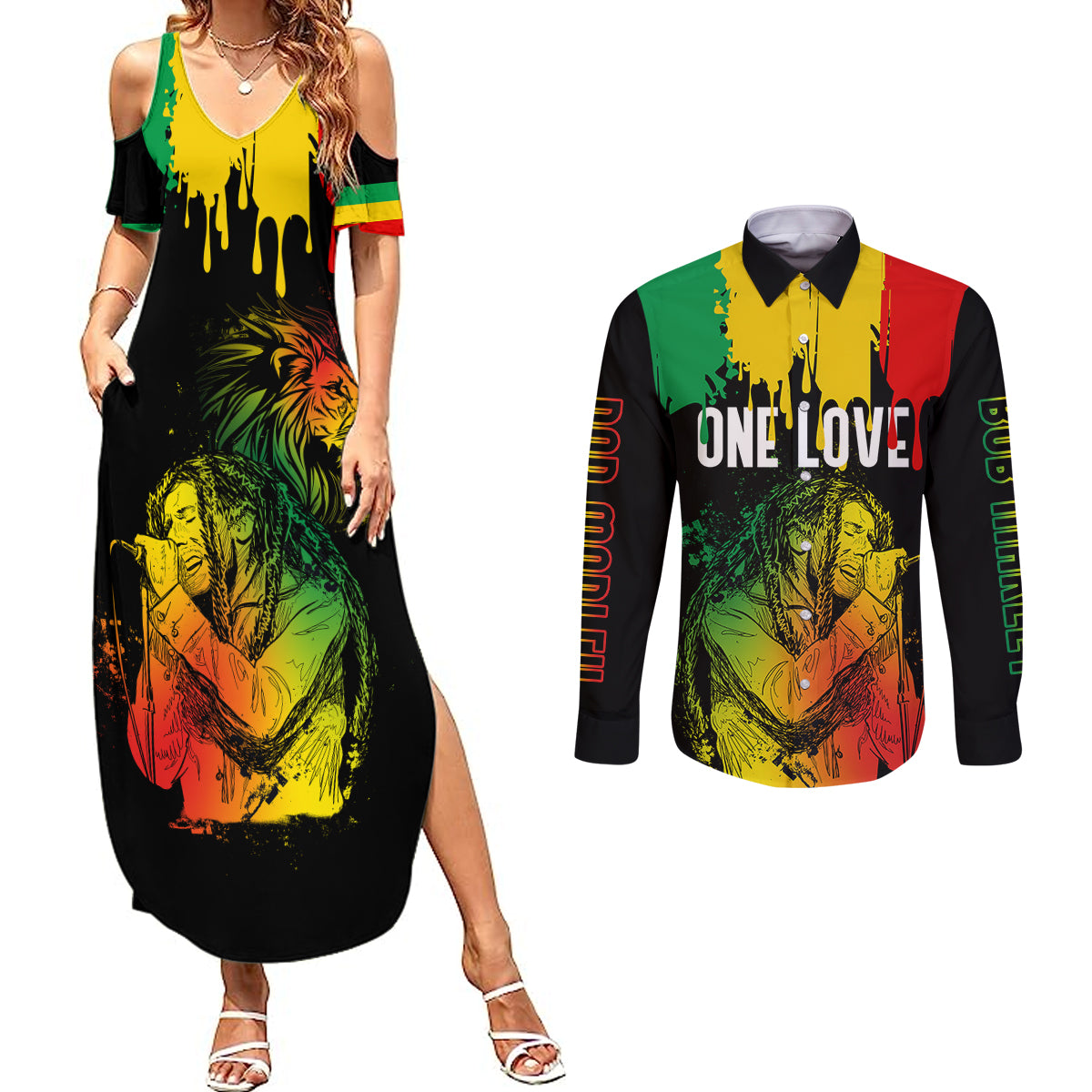 Jamaica Reggae Couples Matching Summer Maxi Dress and Long Sleeve Button Shirts Legend Bob Sketch Style One Love LT7 - Wonder Print Shop