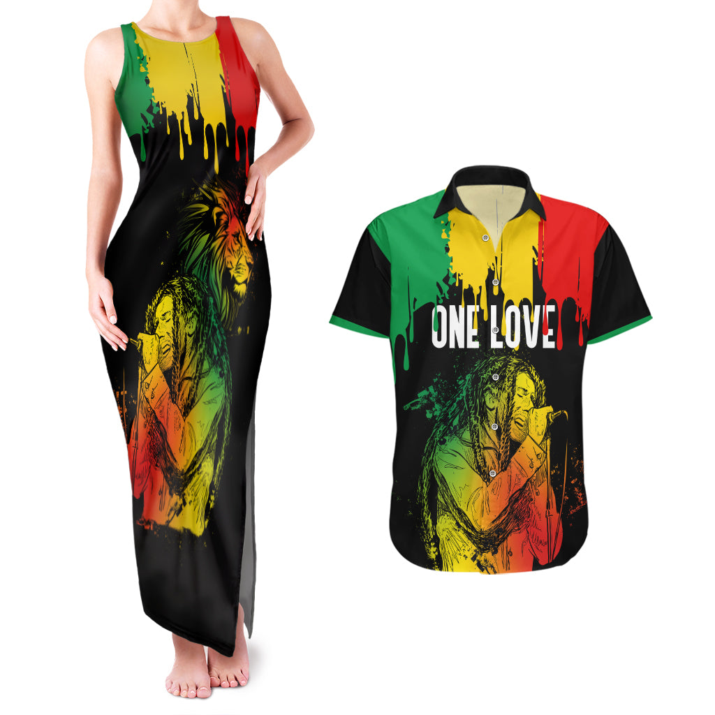 Jamaica Reggae Couples Matching Tank Maxi Dress and Hawaiian Shirt Legend Bob Sketch Style One Love LT7 - Wonder Print Shop