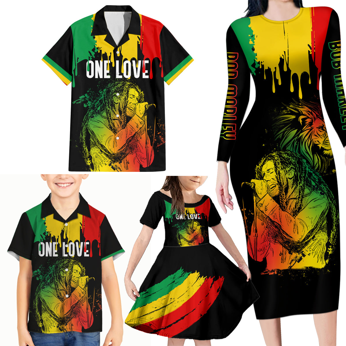 Jamaica Reggae Family Matching Long Sleeve Bodycon Dress and Hawaiian Shirt Legend Bob Sketch Style One Love LT7 - Wonder Print Shop