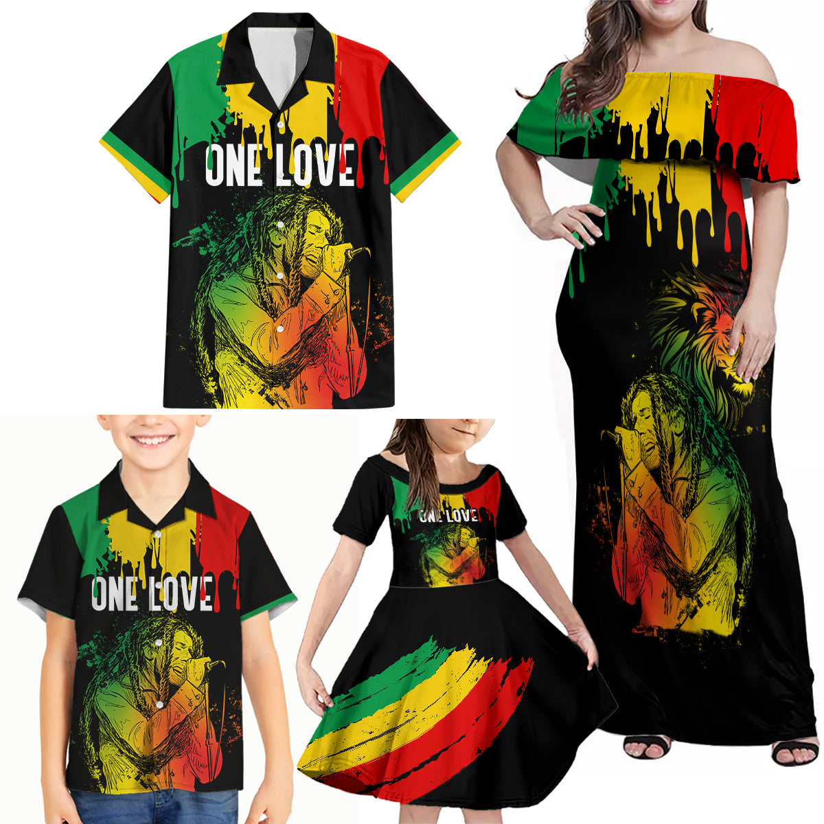 Jamaica Reggae Family Matching Off Shoulder Maxi Dress and Hawaiian Shirt Legend Bob Sketch Style One Love LT7 - Wonder Print Shop