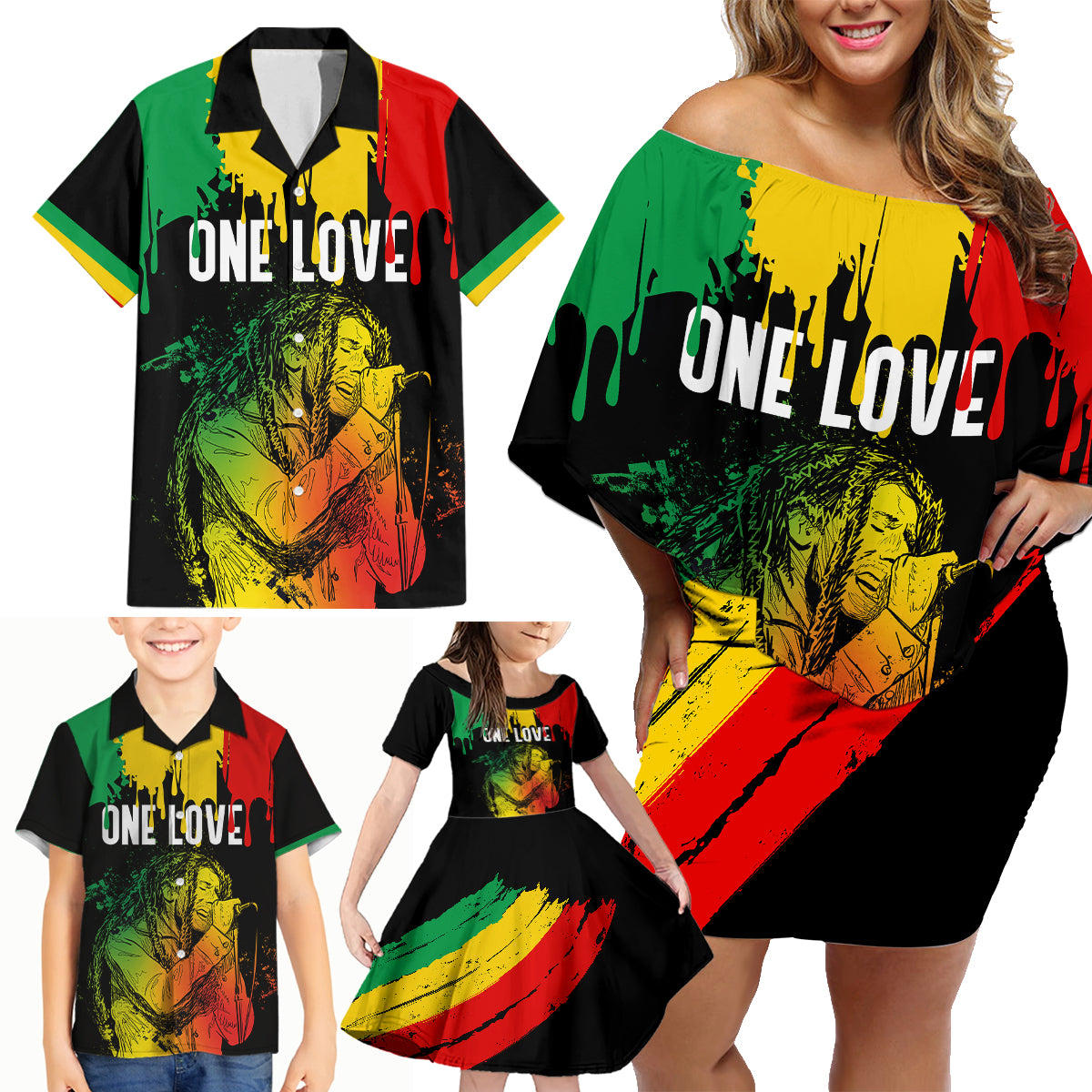 Jamaica Reggae Family Matching Off Shoulder Short Dress and Hawaiian Shirt Legend Bob Sketch Style One Love LT7 - Wonder Print Shop