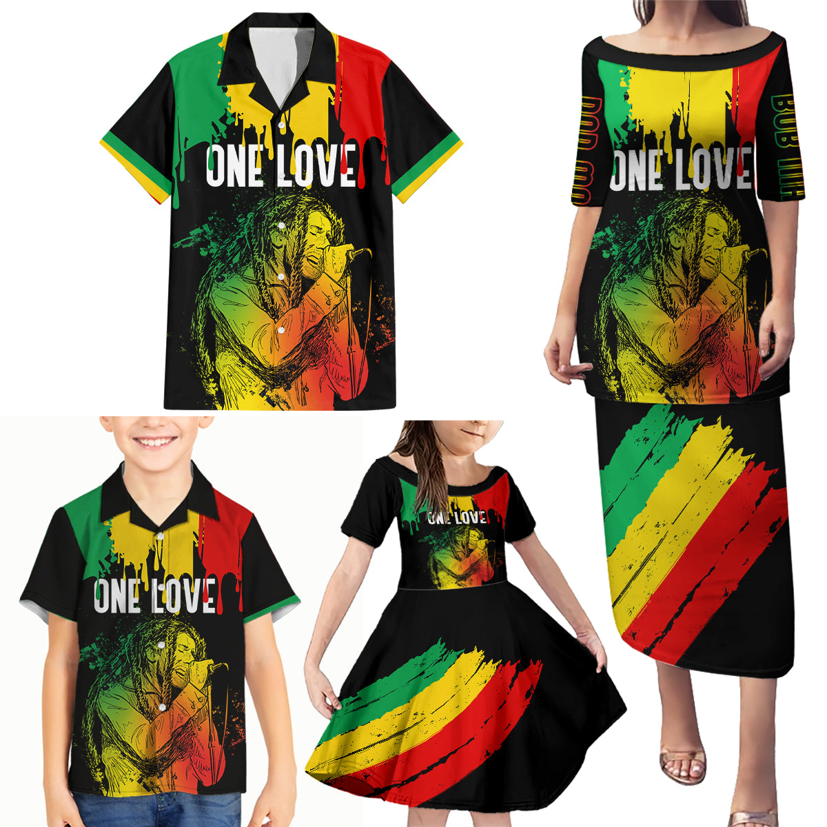 Jamaica Reggae Family Matching Puletasi Dress and Hawaiian Shirt Legend Bob Sketch Style One Love - Wonder Print Shop