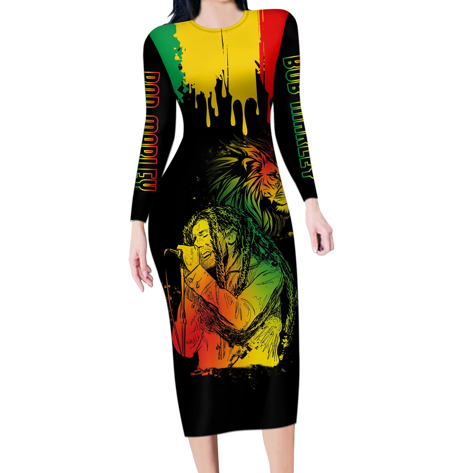 Jamaica Reggae Long Sleeve Bodycon Dress Legend Bob Sketch Style One Love - Wonder Print Shop