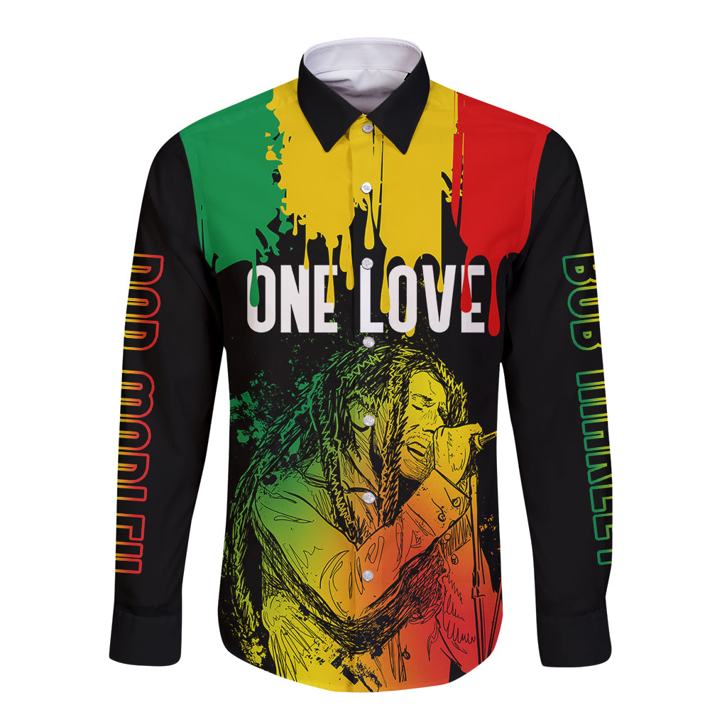 Unisex long sleeve button shirt with front reggae graphic and multicolor splatter